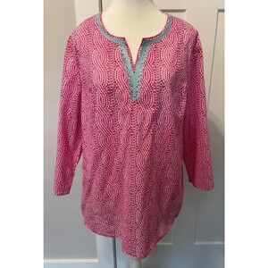 TALBOTS Womens TOP 3/4 Sleeve PINK Blue Embroidered Size L